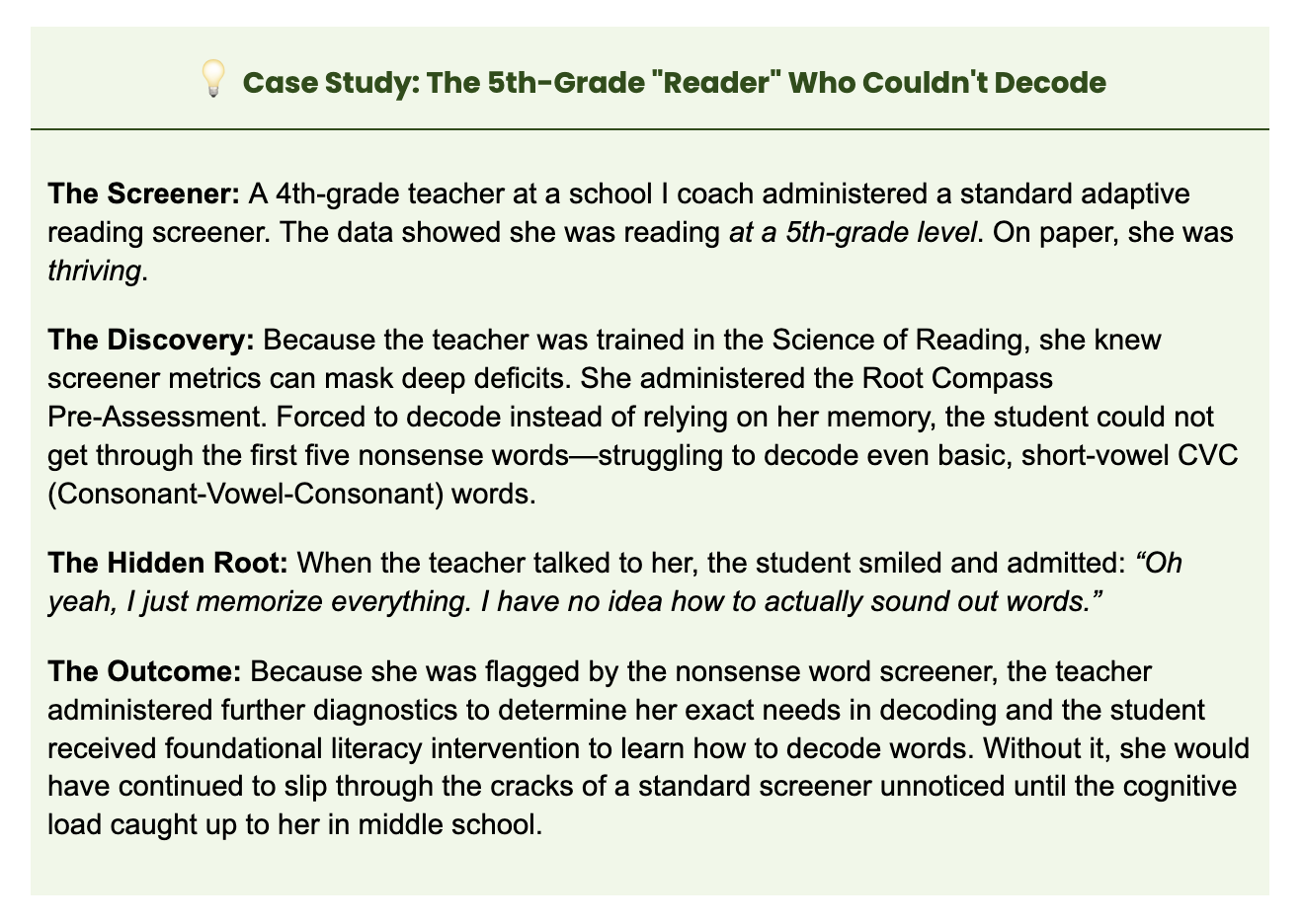 Root Compass blog graphic explaining how adaptive reading screeners can mask deep decoding deficits in struggling readers who memorize words instead of using foundational literacy skills.